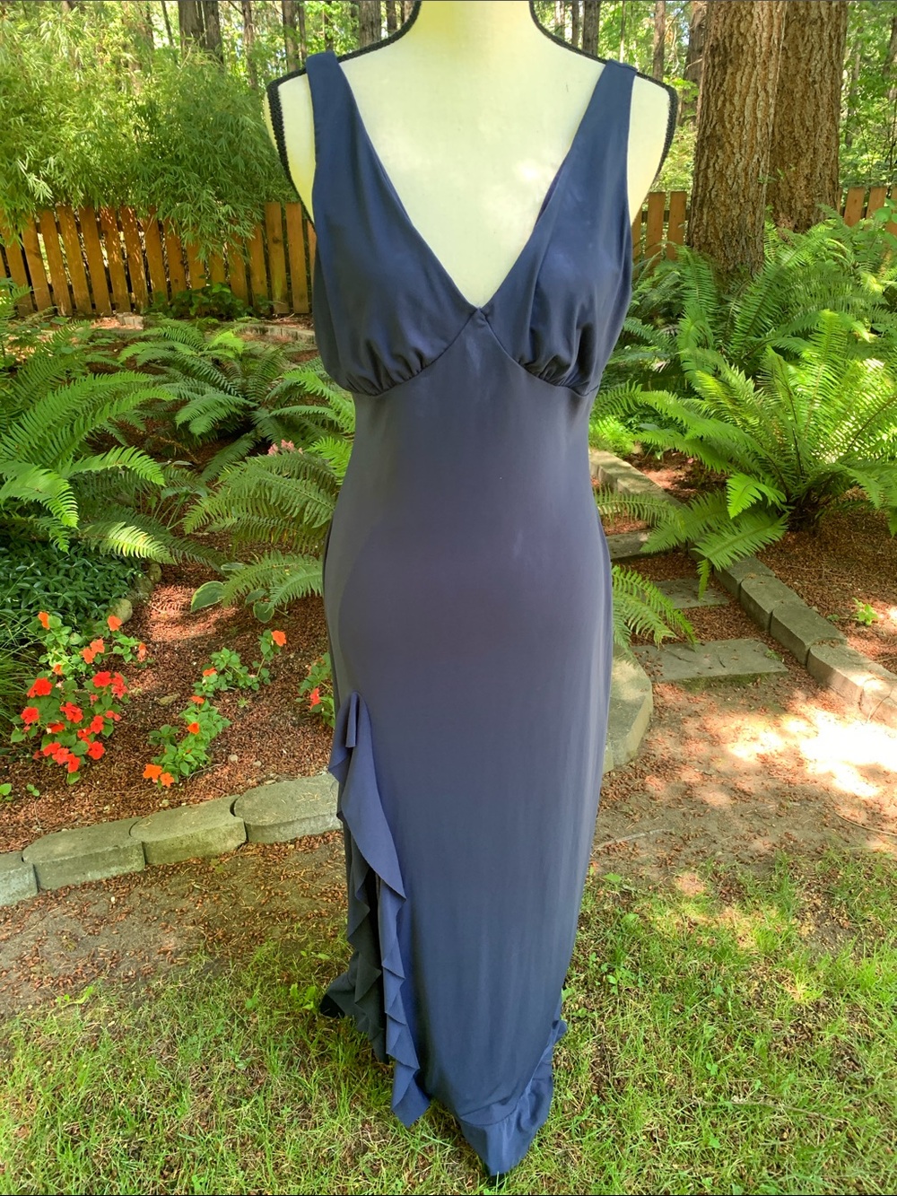 Elegant Navy V-Neck Ruffle Maxi Dress